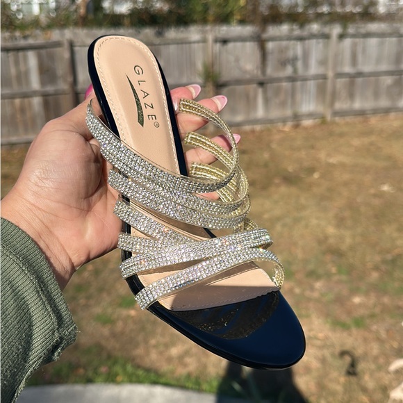 BLACK PATENT STRAPPY RHINESTONE ACCENT SLIP ON HIGH HEELS - Picture 4 of 7